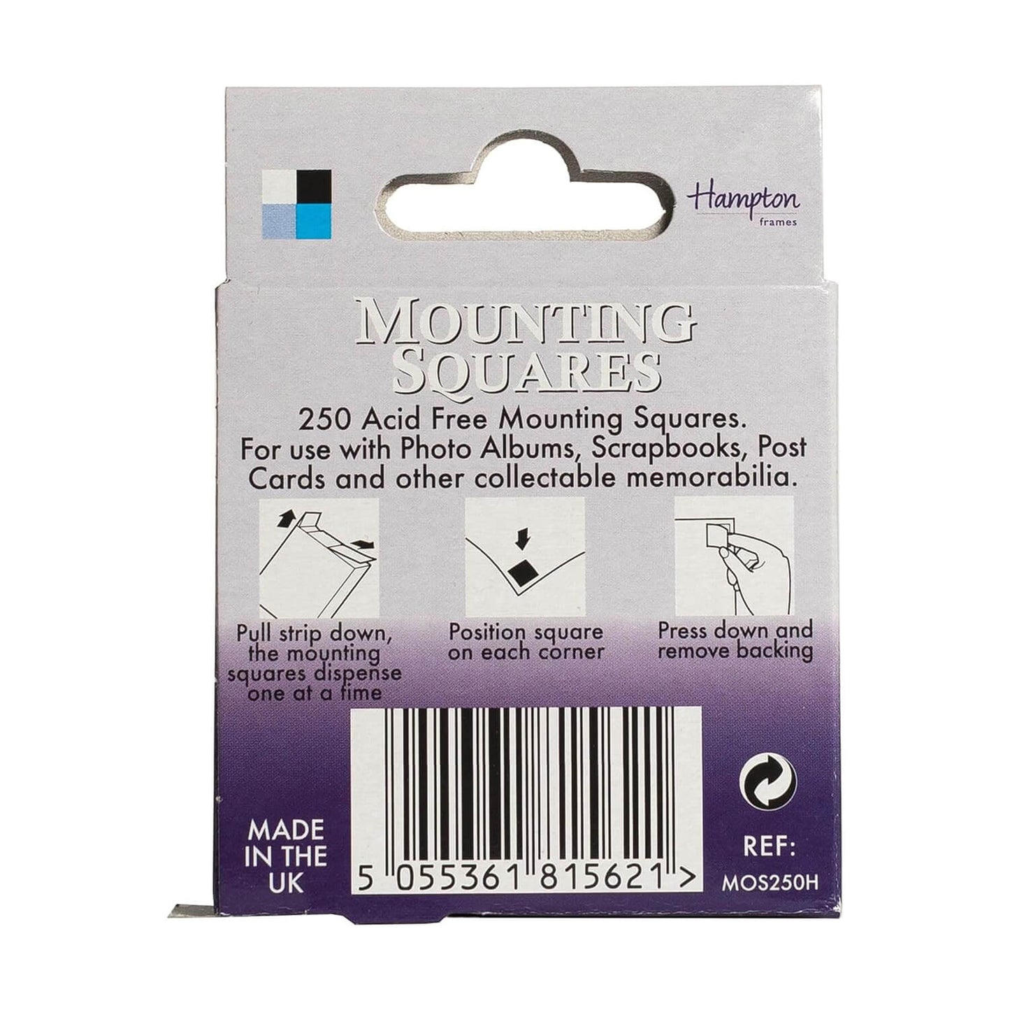 Box of 250 Hampton Frames photo mounting squares - Back of Packaging