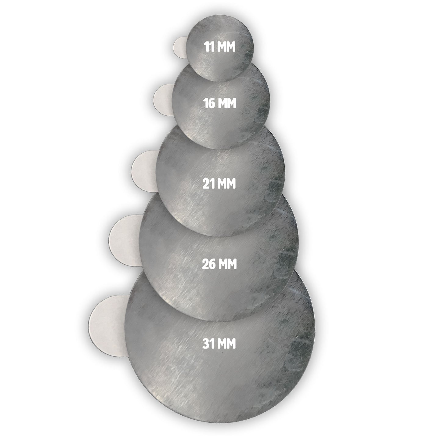 100 Self-adhesive Metal Discs for Magnets - Ø11 to 31mm, 0.3mm height