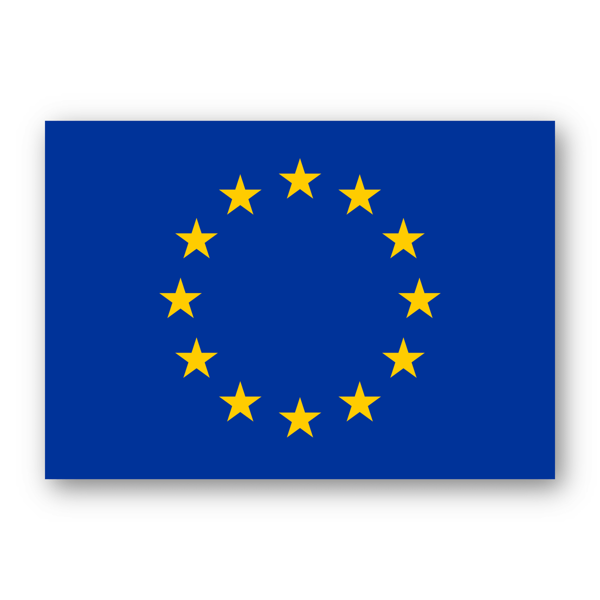 The European Union flag, featuring a blue rectangle with twelve yellow stars arranged in a circle, shown on a white background with a subtle drop shadow.