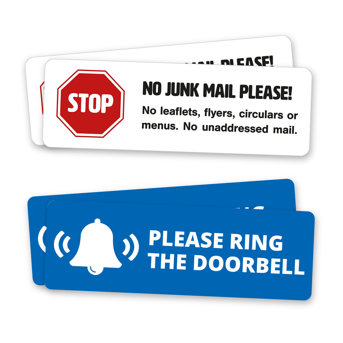 Two No Junk Mail stickers and two Please Ring the Doorbell stickers from the Front Door Essentials Bundle by Gobrecht & Ulrich