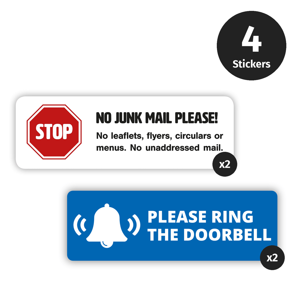 Front Door Essentials Bundle: 2 No Junk Mail stickers and 2 Please Ring the Doorbell stickers by Gobrecht & Ulrich