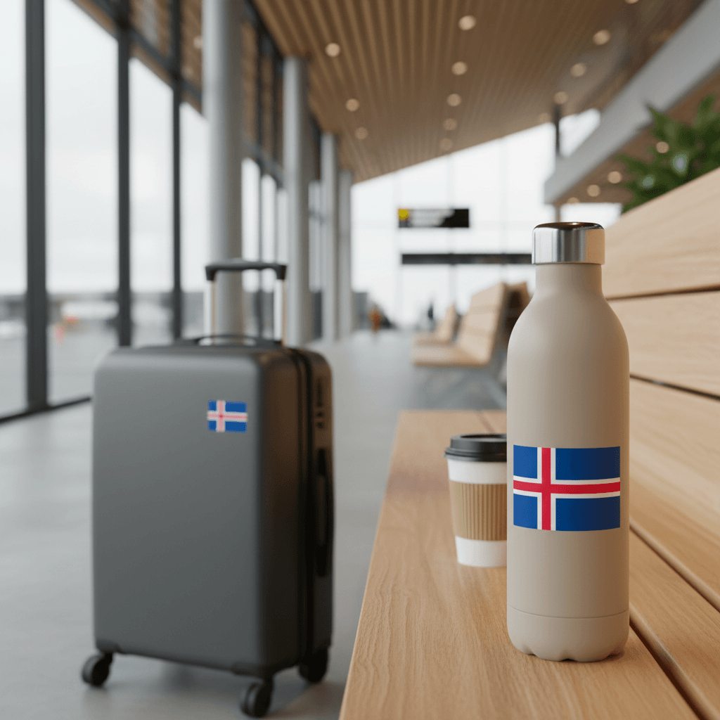 Icelandic flag on a drinks bottle and attached to a suitcase, airport in the background