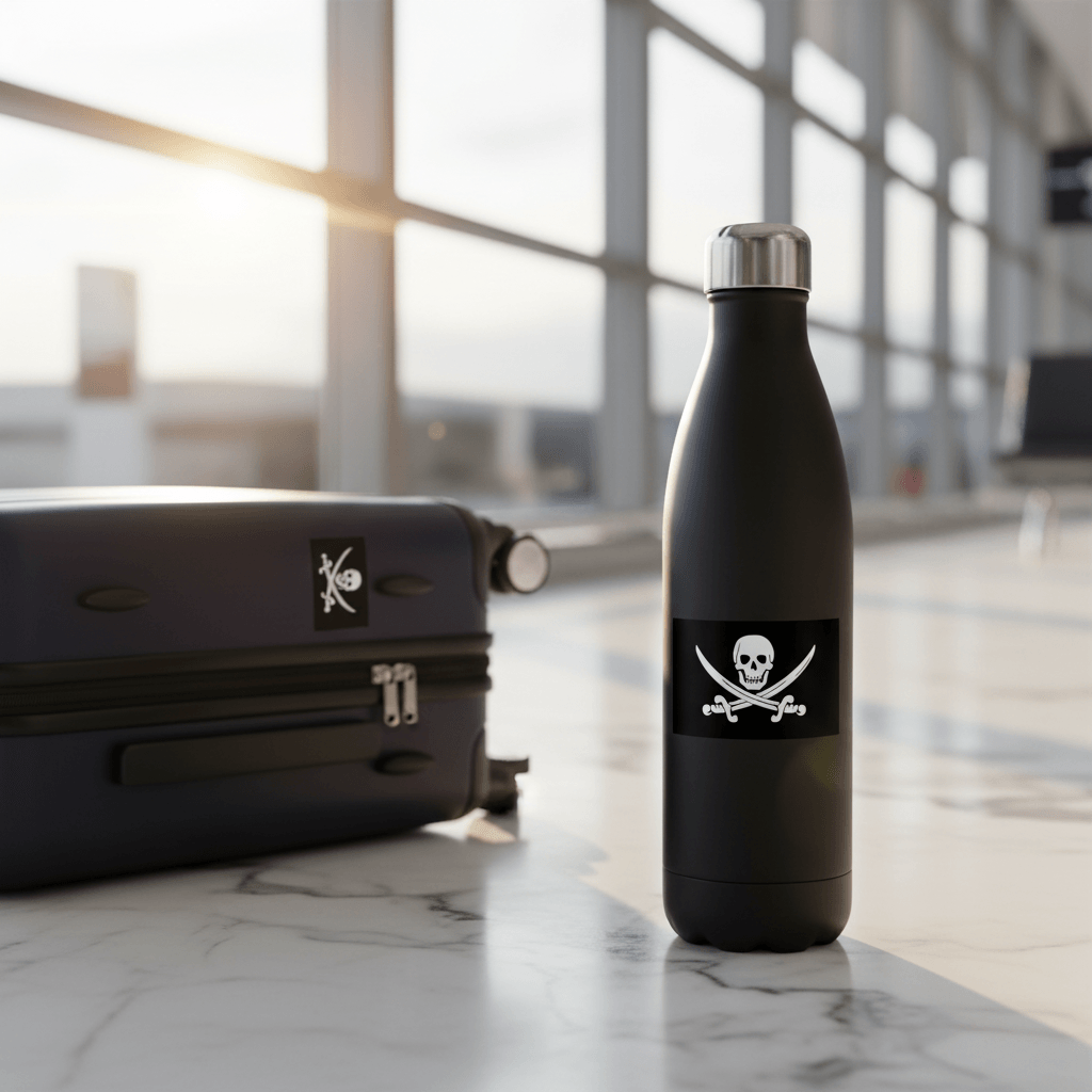 Black water bottle and suitcase with jolly roger stickers in an airport setting