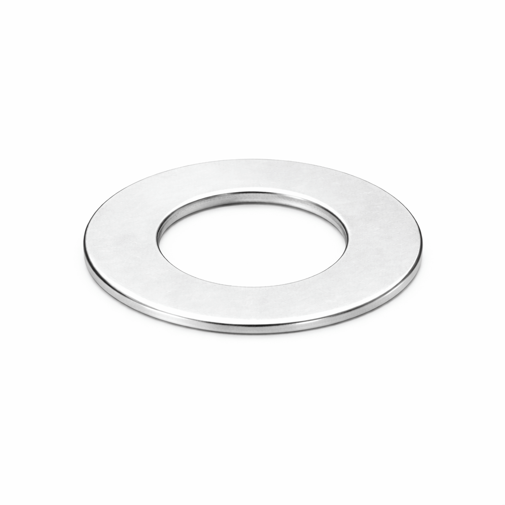 Side-angle view of an M5 stainless steel flat washer showing the 1mm profile thickness