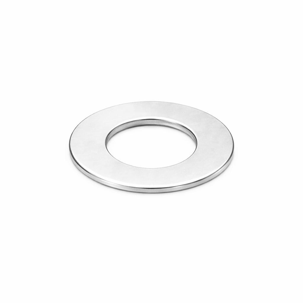 M5 stainless steel flat washer with 1mm height, shown from a front-left elevated angle on a white background