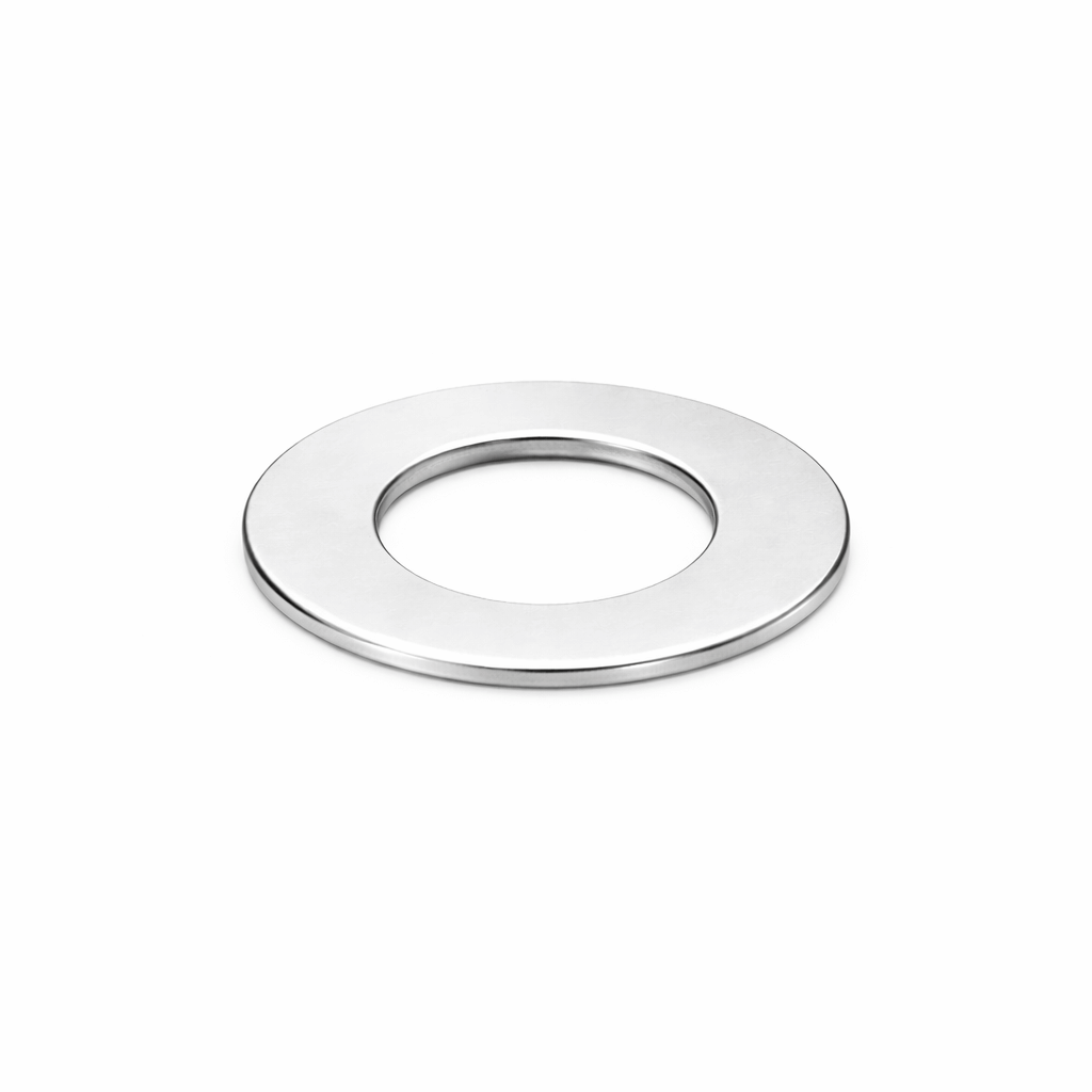 M5 stainless steel flat washer 1mm thick, angled top view highlighting the polished surface finish and centre bore