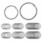 Two large metal split rings displayed above multiple smaller stacks of matching metal split rings on a plain white background.