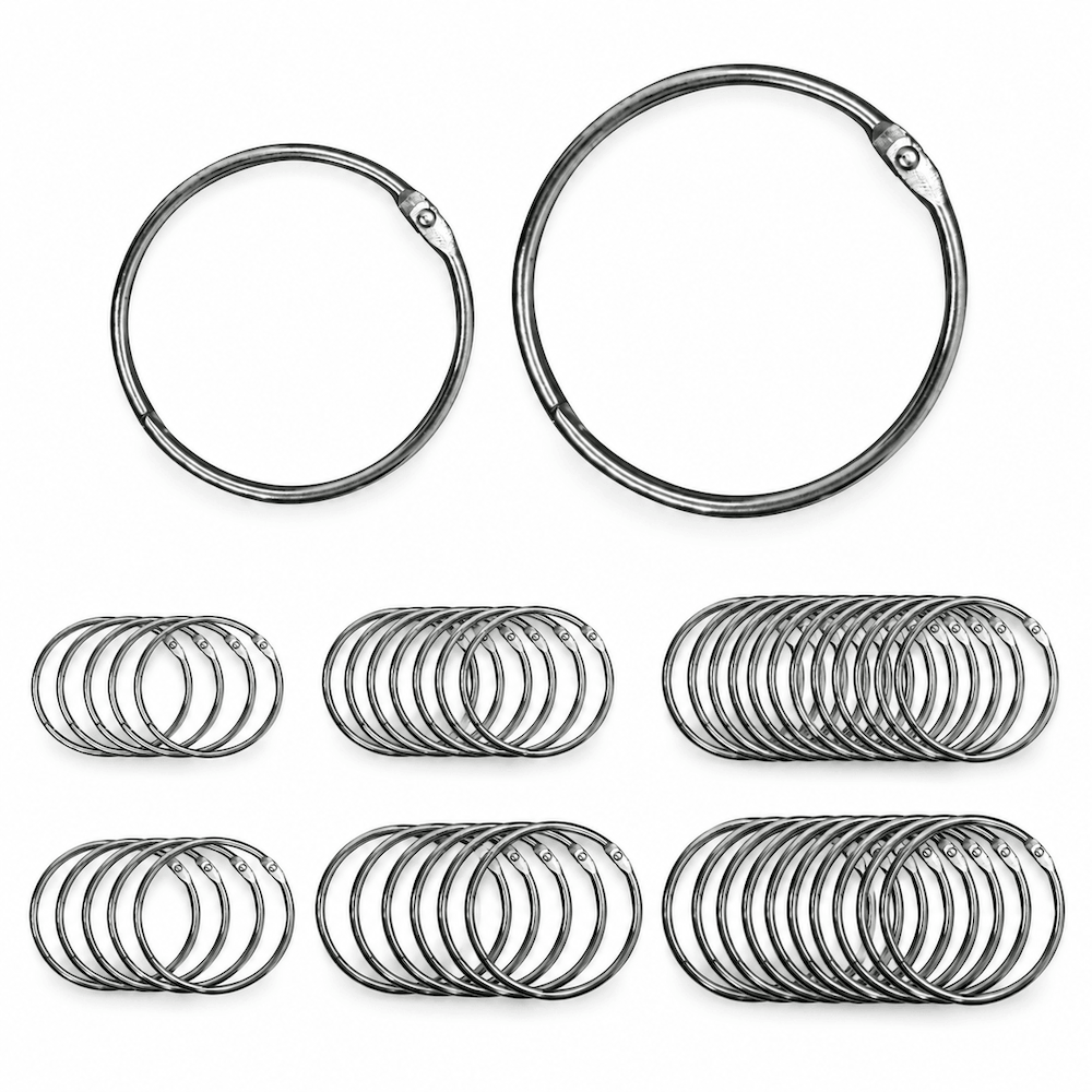Two large metal split rings displayed above multiple smaller stacks of matching metal split rings on a plain white background.