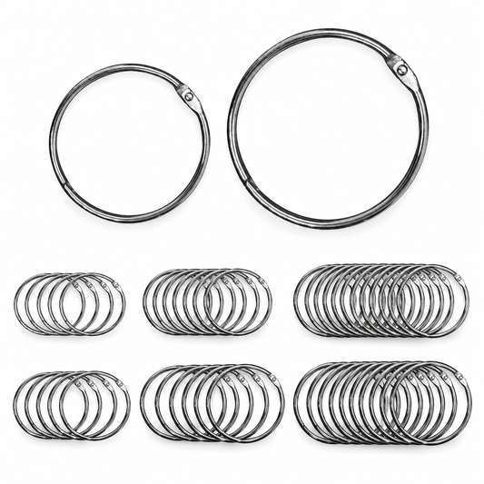 Two large metal split rings displayed above multiple smaller stacks of matching metal split rings on a plain white background.