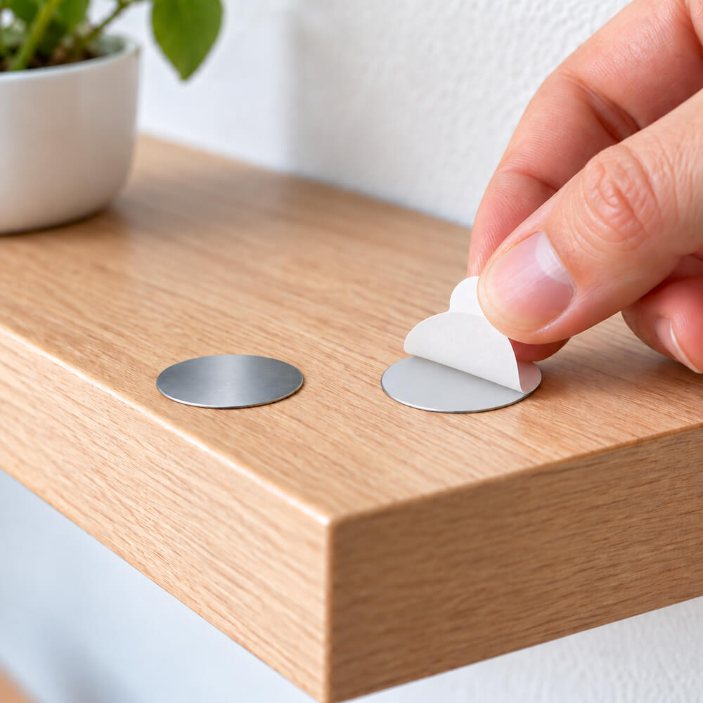 A close-up of a hand peeling off the white adhesive backing from a round silver metal discs, which is being applied to a light wood floating shelf next to another mounted silver disc