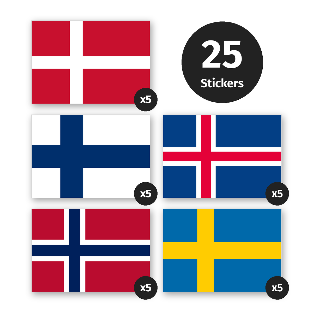 Nordic flag stickers bundle: 5 each of the Danish, Finnish, Icelandic, Norwegian and Swedish flags, 25 stickers in total