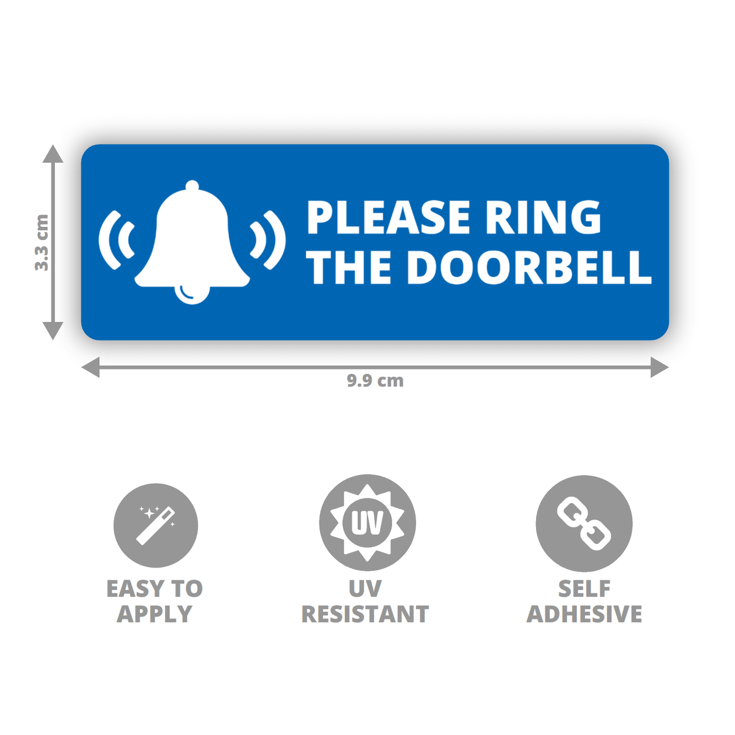 Blue sign with white text and graphics indicating 'Please Ring The Doorbell' on a white background.