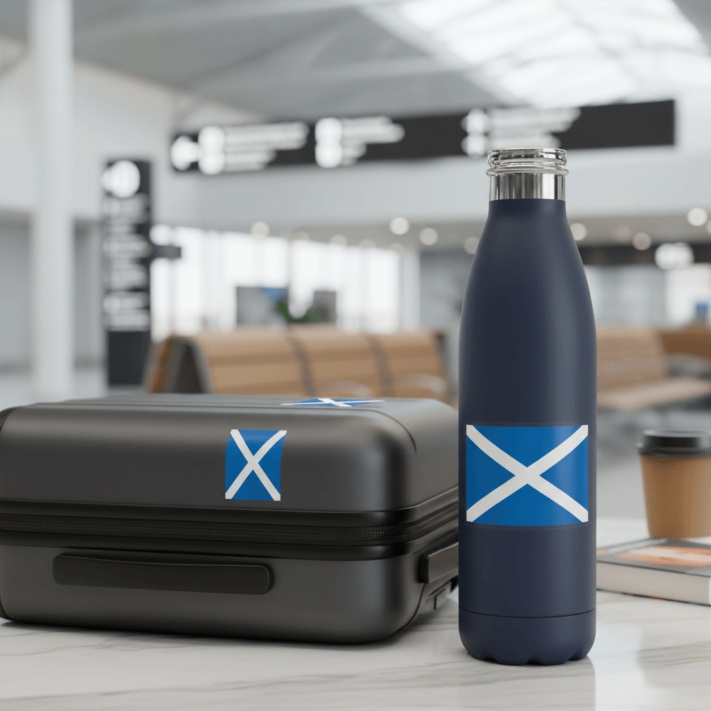 Navy blue water bottle with a Scottish flag sticker next to a black suitcase in an airport setting.