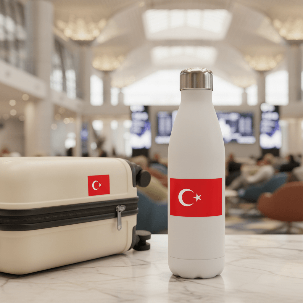 White water bottle with Turkish flag sticker next to a beige suitcase in an airport terminal.