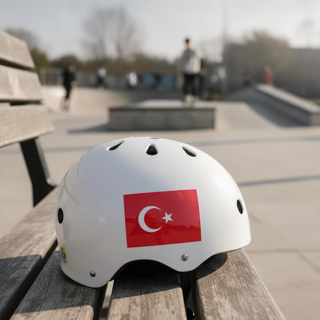 White kids skate helmet with Turkish flag sticker on a wooden bench at a skatepark