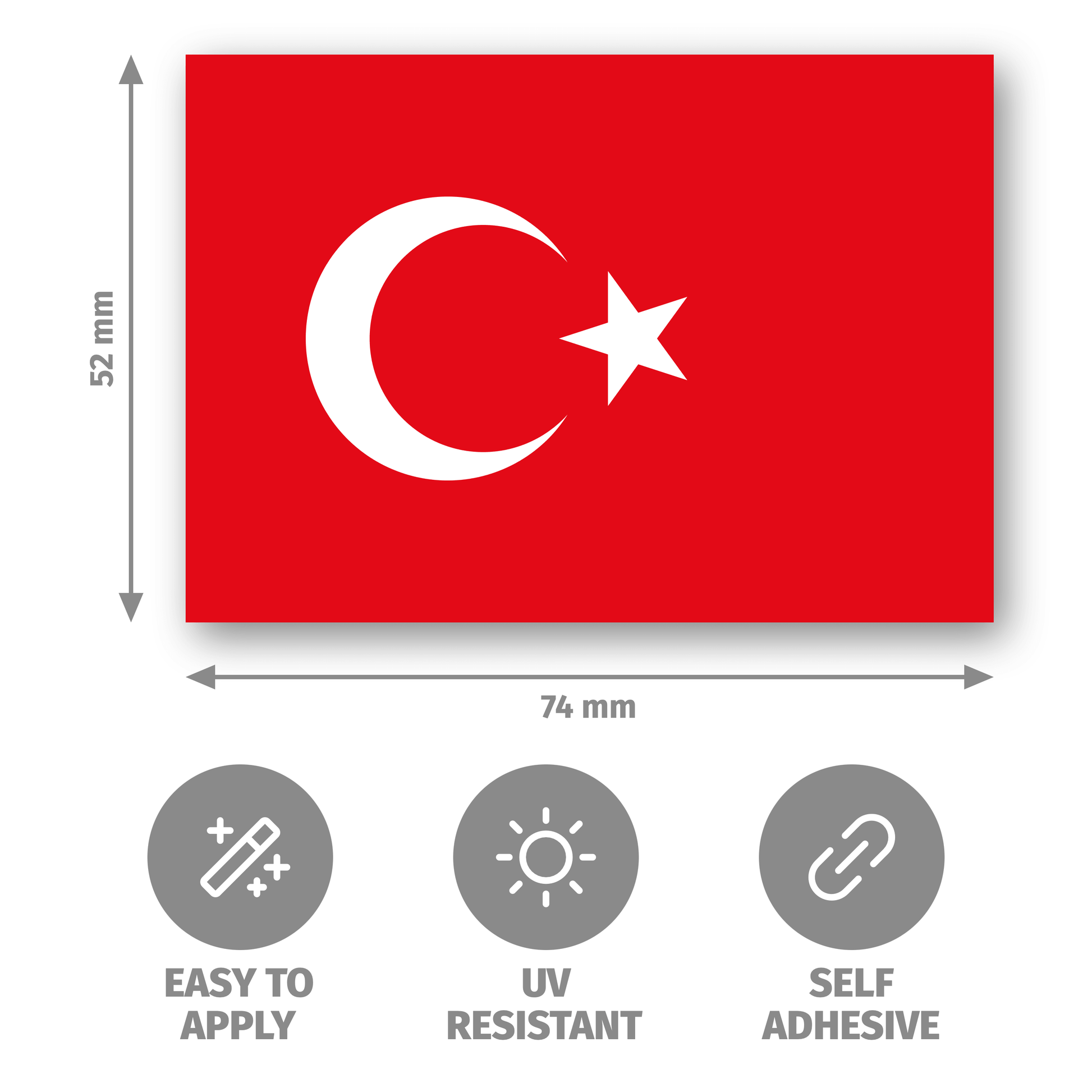 Turkish flag with dimensions and feature icons on a white background