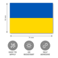 Ukrainian flag sticker or decal shown with dimension arrows indicating 52 mm height and 74 mm width, plus three gray feature icons below reading Easy to Apply, UV Resistant, and Self Adhesive.