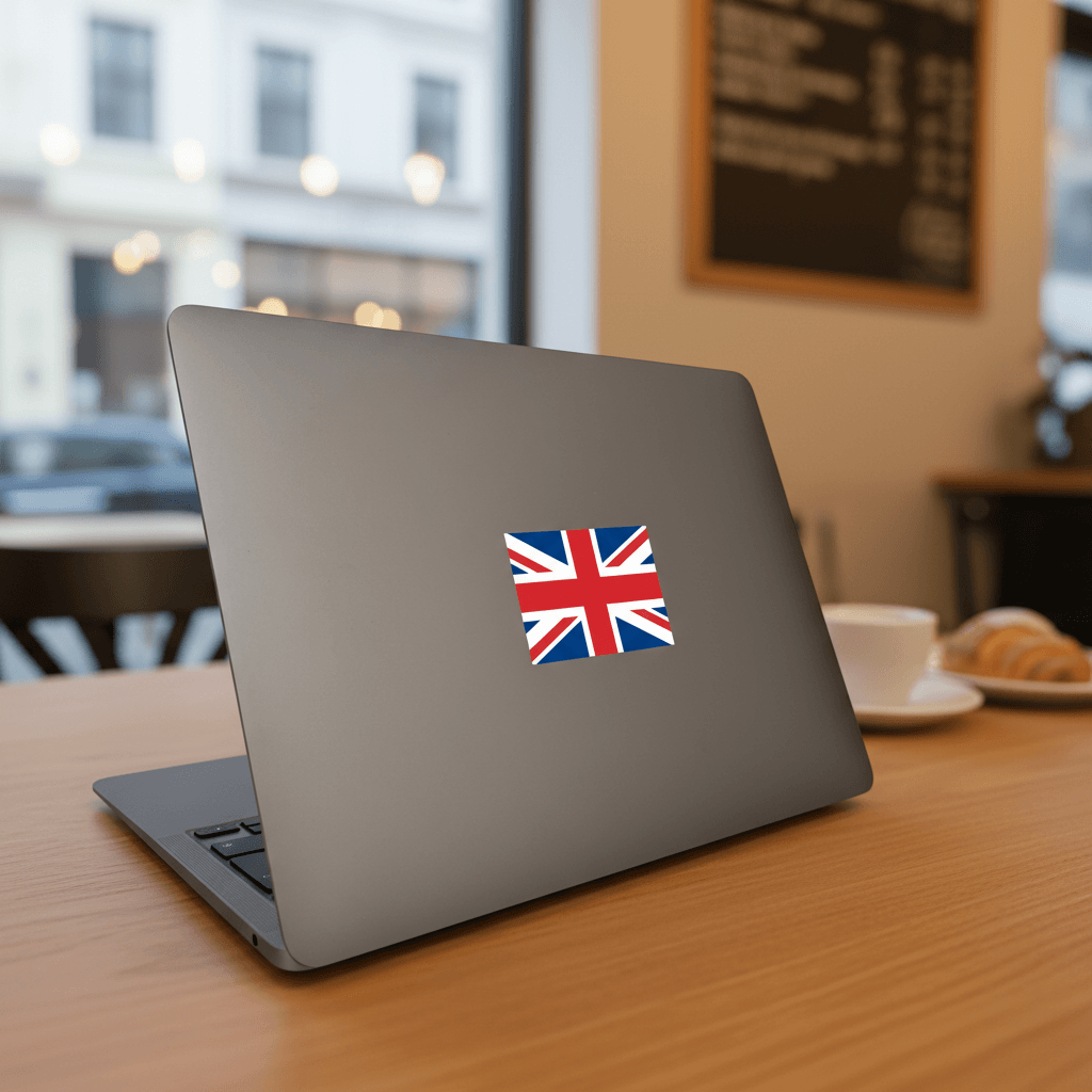Laptop with a British flag sticker on a wooden table in a cafe setting