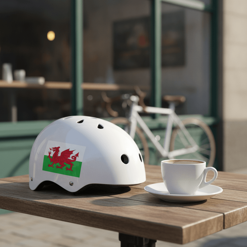 White helmet with a Welsh flag vinyl sticker attached to the side on a wooden table with a cup of coffee.