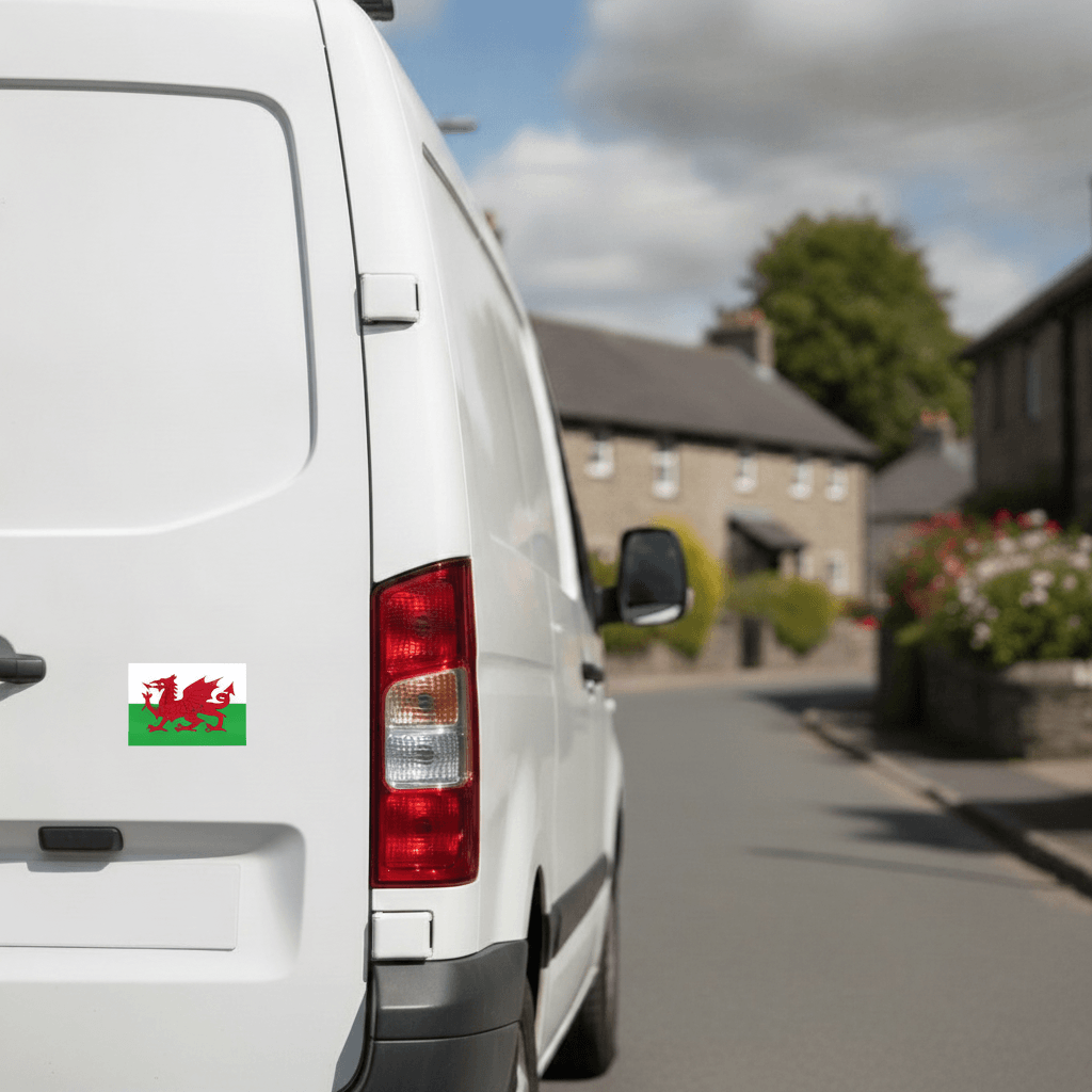 White van with a Welsh flag sticker on the back, parked on a residential street.