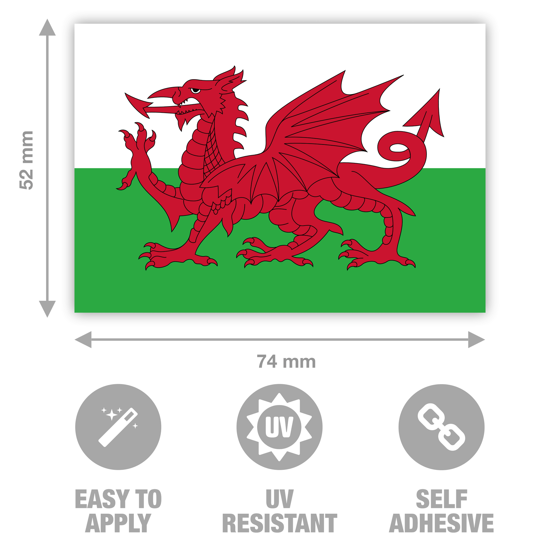 Flag of Wales vinyl sticker with a red dragon on a green and white background with features and dimensions