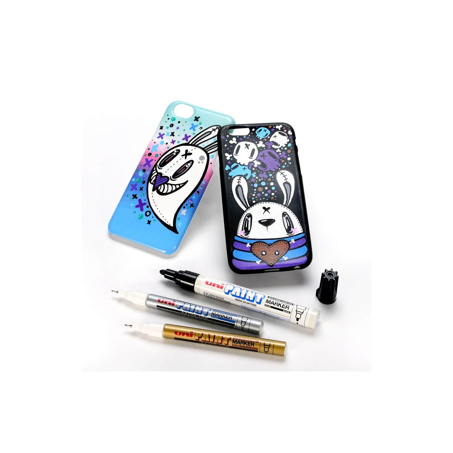 Two cartoon-themed phone cases with markers on a white background