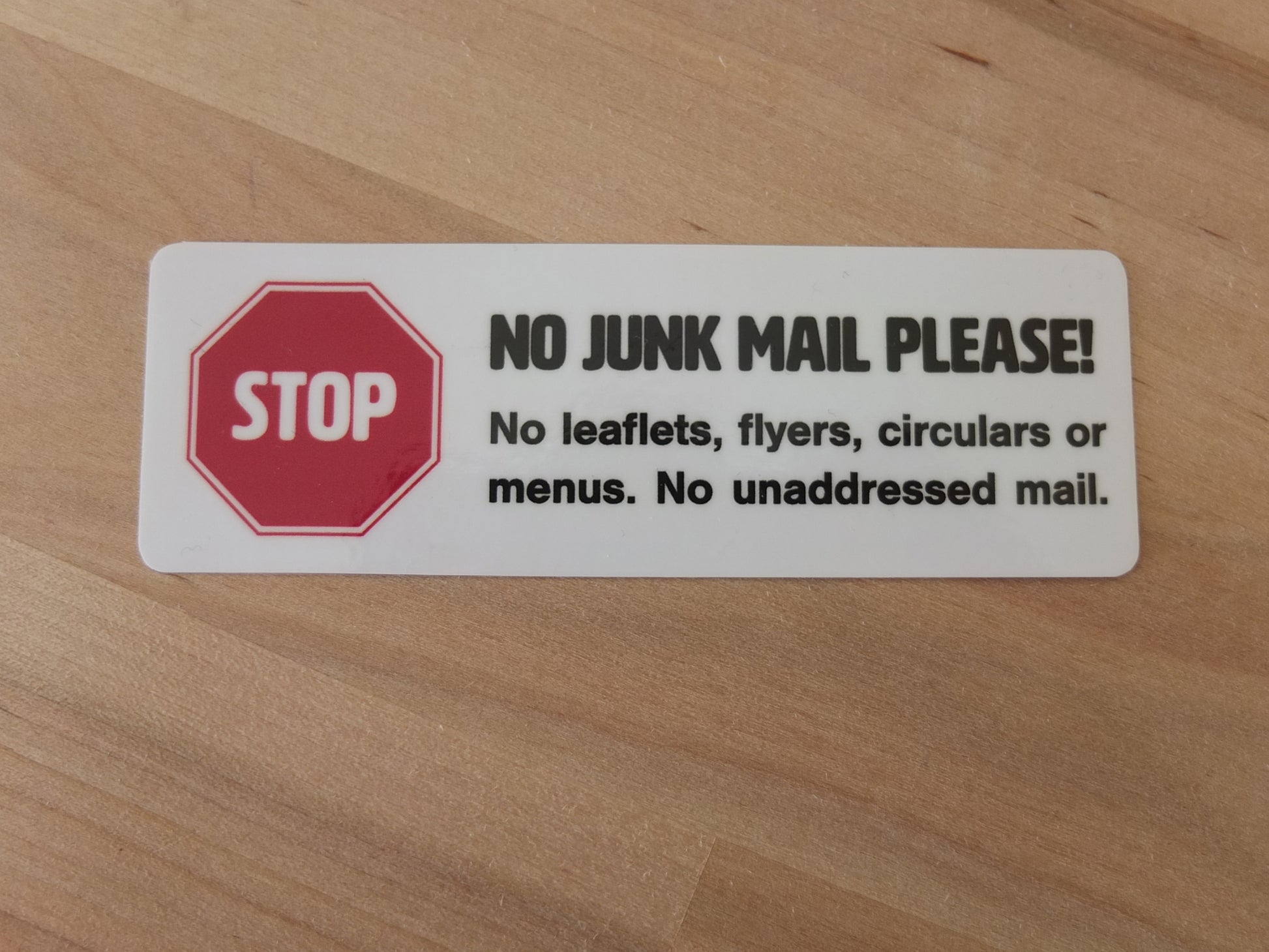 Medium No Junk Mail Sign on table - Junk Mail Blocker by Gobrecht & Ulrich